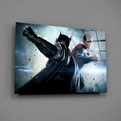Epic Batman vs Superman glass wall art canvas print with dynamic action poses