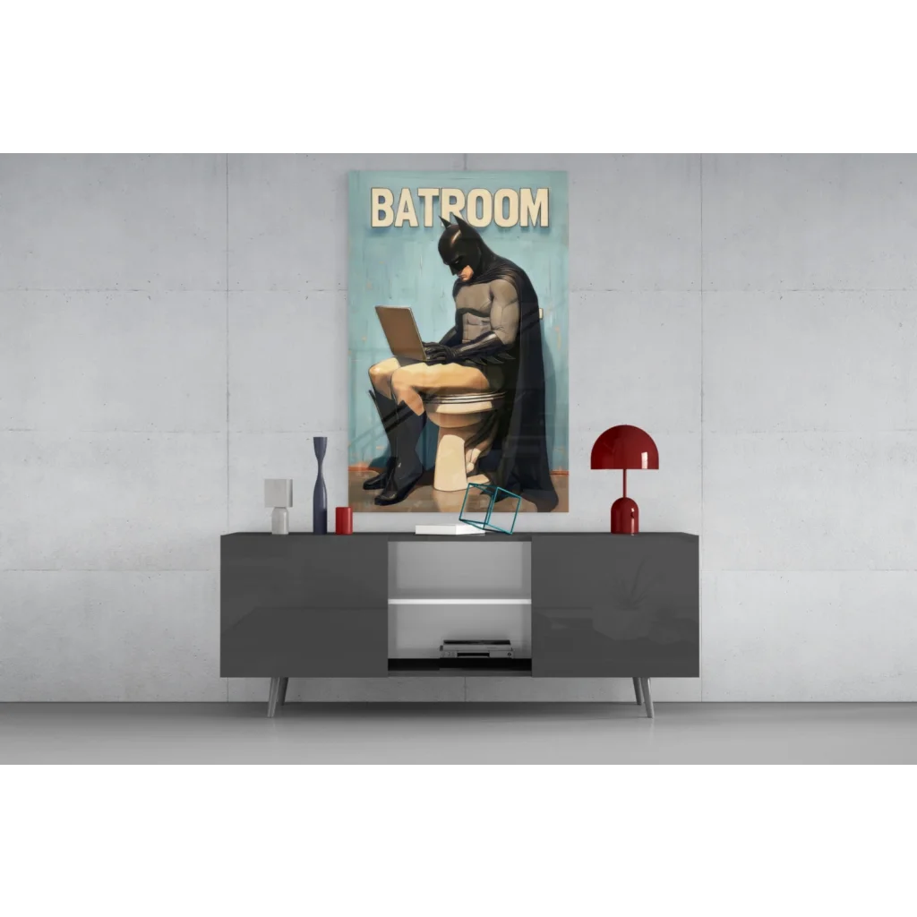 Batman on toilet with laptop, vintage beige glass wall art print