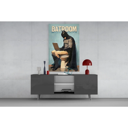 Batman on toilet with laptop, vintage beige glass wall art print