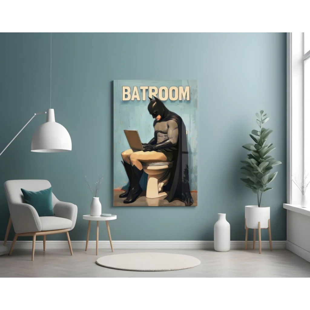Batman on toilet with laptop, Batman bathroom break glass wall art