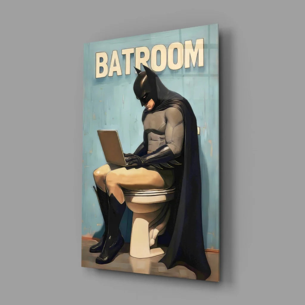 Batman on toilet with laptop, glass wall art print