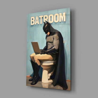 Batman on toilet with laptop, glass wall art print