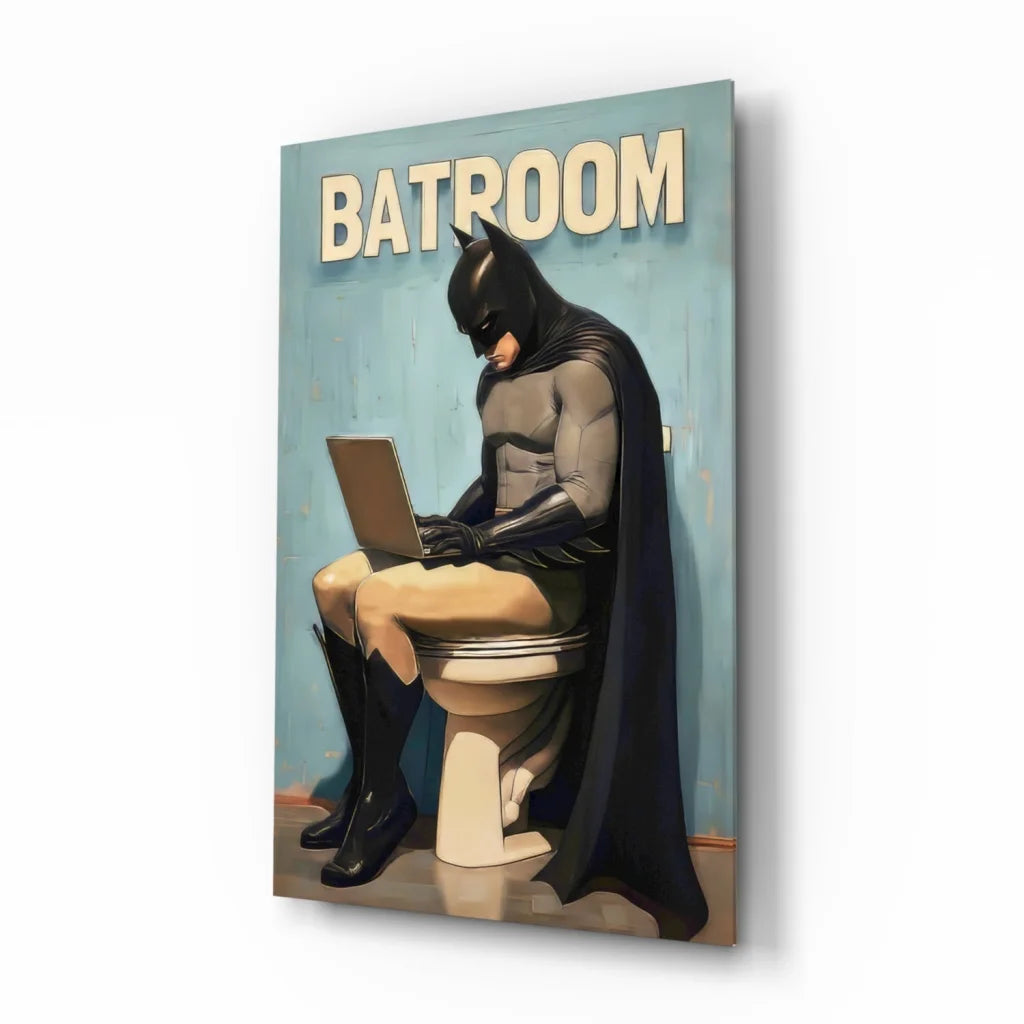 Batman on toilet with laptop glass wall art print