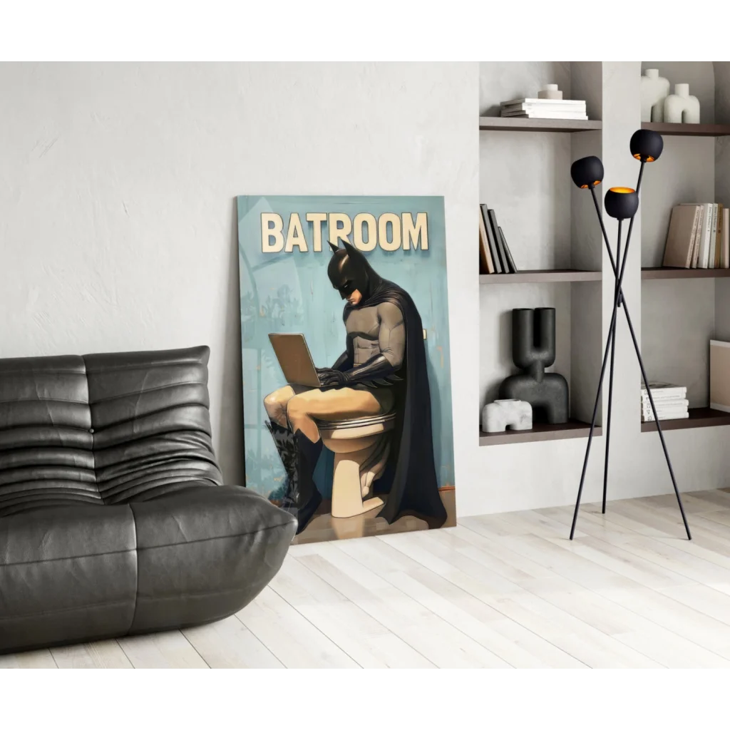 Batman on toilet with laptop glass wall art print