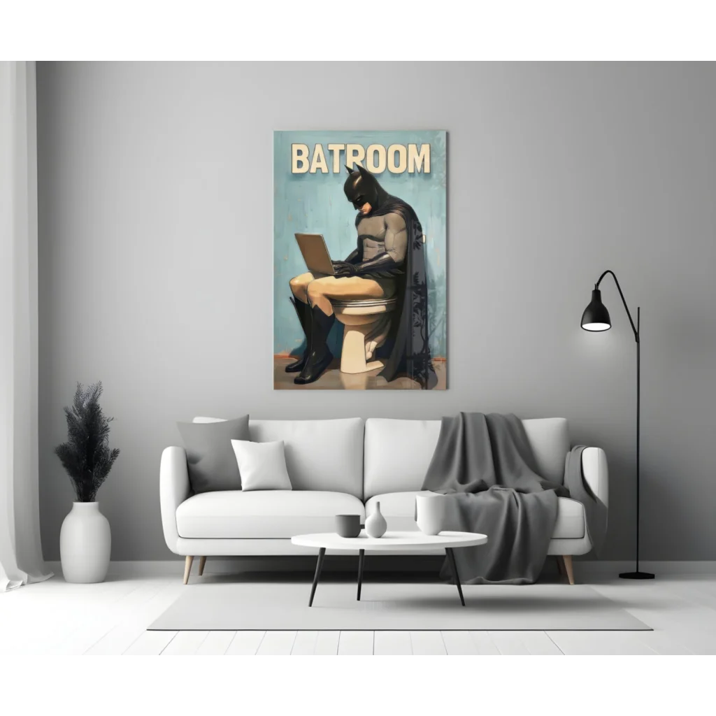Batman on toilet with laptop beige black glass wall art print