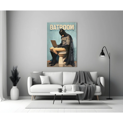 Batman on toilet with laptop beige black glass wall art print
