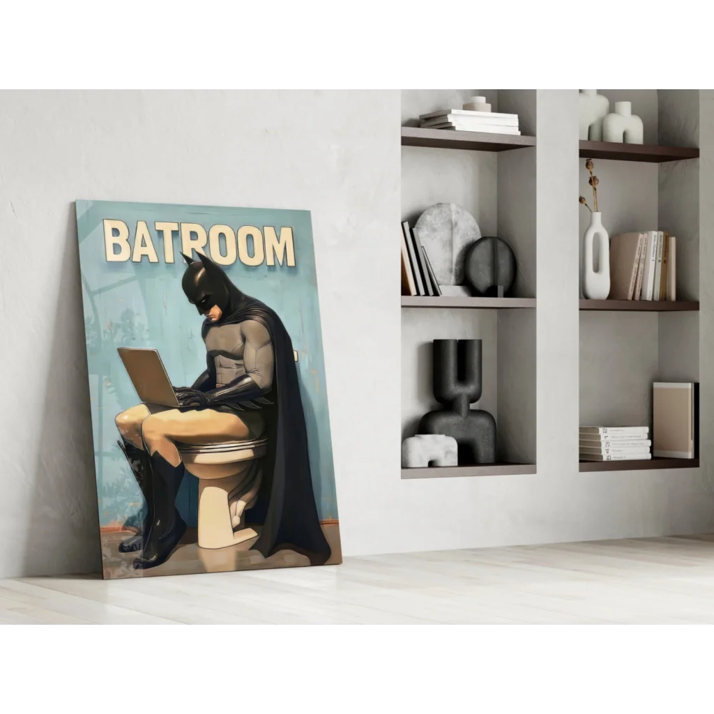 Batman on toilet with laptop, Batroom glass wall art print