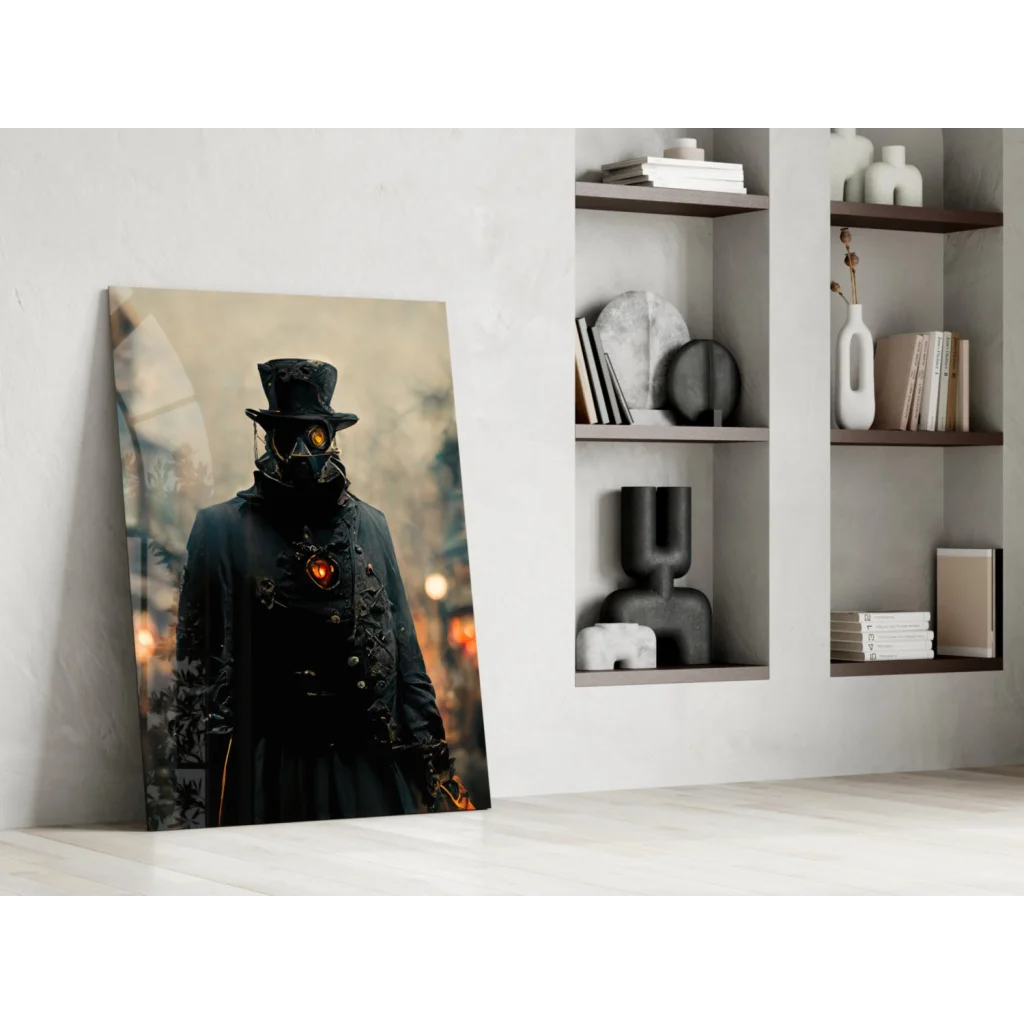Black steampunk gas mask portrait wall art with glowing orange eyes