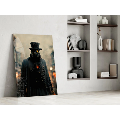 Black steampunk gas mask portrait wall art with glowing orange eyes