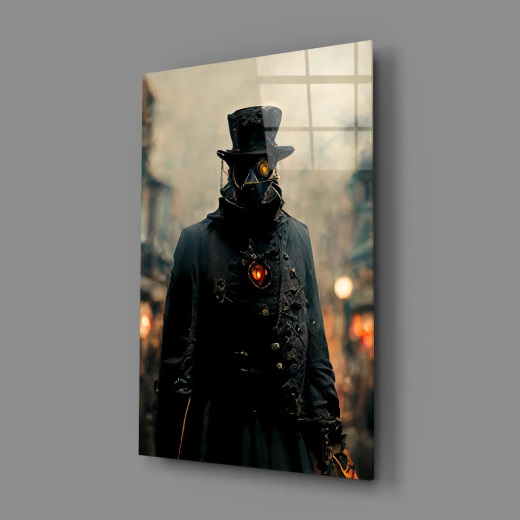 Steampunk Gas Mask Portrait Wall Art with Glowing Eyes | Glass Wall Art Print | vintageantiquesgifts.com