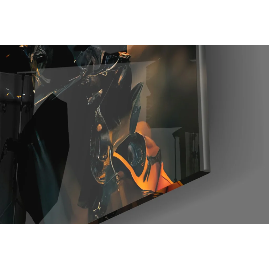 Sleek black orange armored steampunk gas mask with glowing eyes on glossy glass wall art