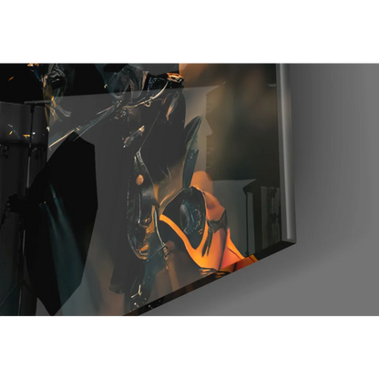 Sleek black orange armored steampunk gas mask with glowing eyes on glossy glass wall art