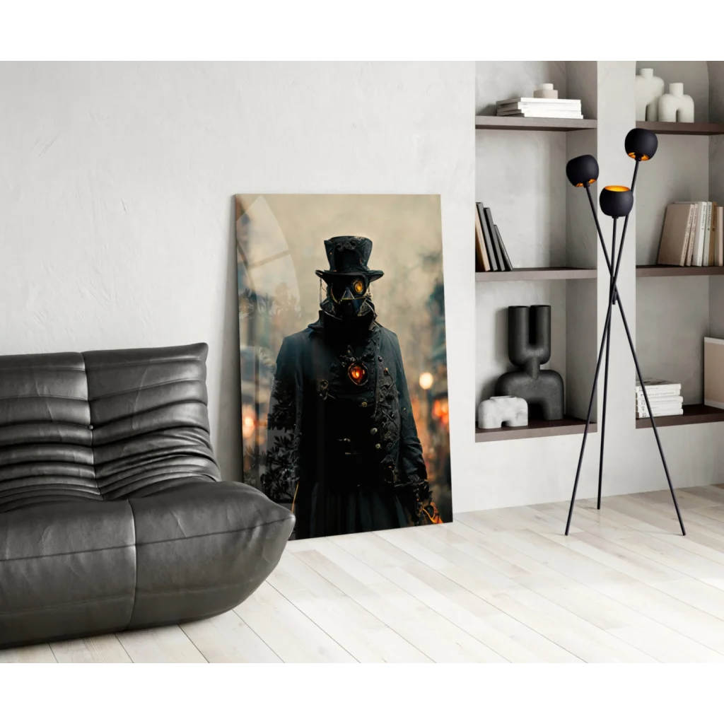 Steampunk gas mask portrait wall art with glowing eyes and orange accents