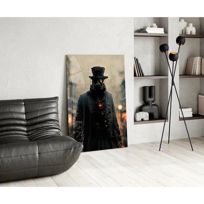 Steampunk gas mask portrait wall art with glowing eyes and orange accents