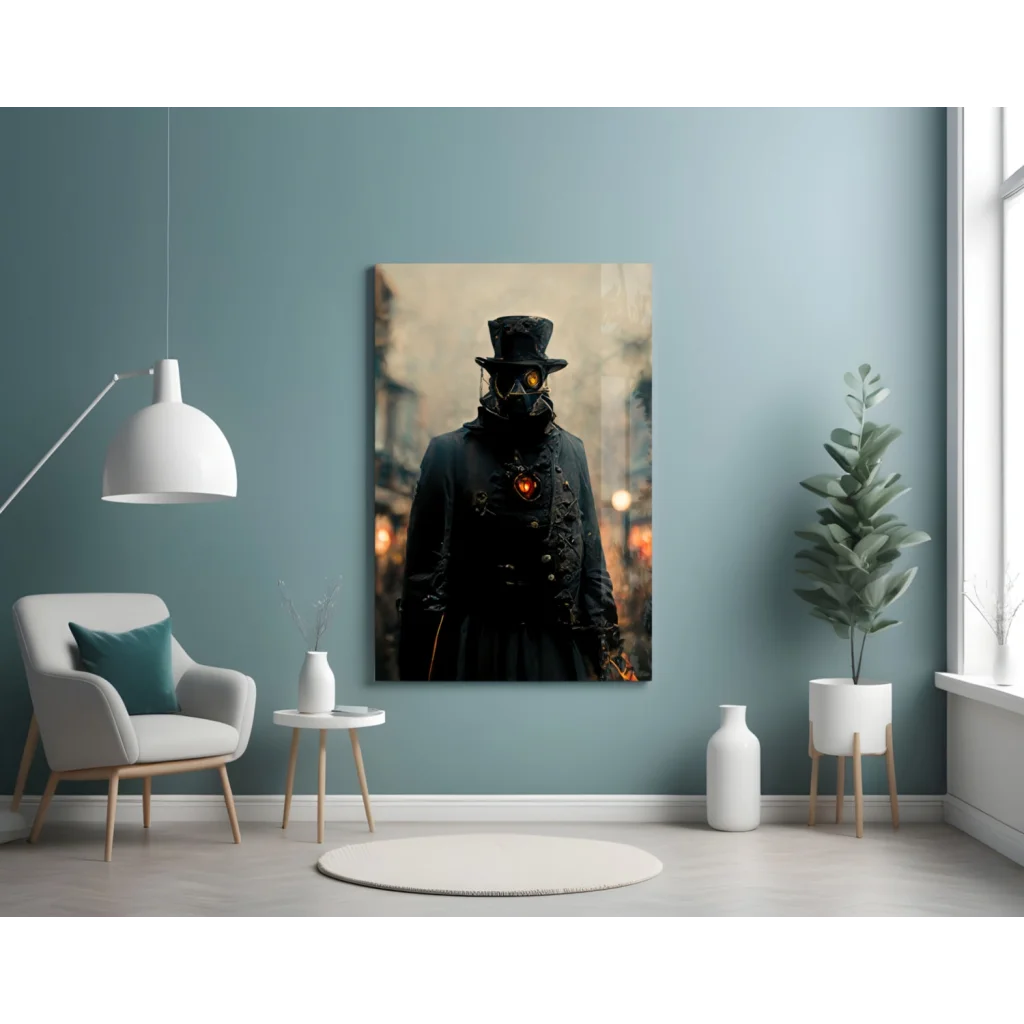 Steampunk Gas Mask Portrait Wall Art with Glowing Eyes | Contemporary Home Wall Art | vintageantiquesgifts.com