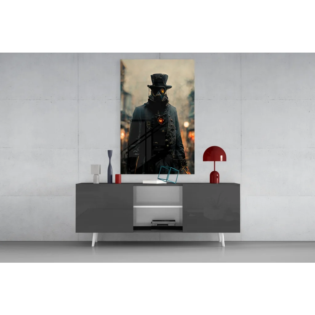 Steampunk gas mask portrait wall art with glowing orange eyes