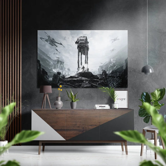 Black-and-white Star Wars AT-AT battle on brushed aluminium dibond