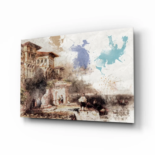 Watercolor Village Canvas Wall Art With Blue Splatter Design | Insigneart USA | vintageantiquesgifts.com