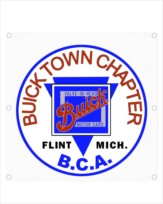 Front view of a white circular banner with a blue border, red text reading BUICK TOWN CHAPTER, and a Buick logo.
