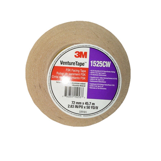 Top-down view of a roll of tan-colored 3M VentureTape FSK Facing Tape with purple and red label visible.