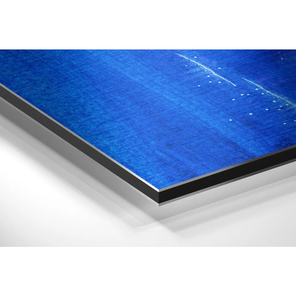 Stunning blue abstract artwork on brushed aluminium dibond with black frame