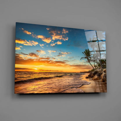 Tropical beach sunset glass wall art with palm trees and waves