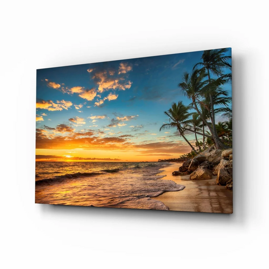 Tropical beach sunset glass wall art on beige canvas with palm trees