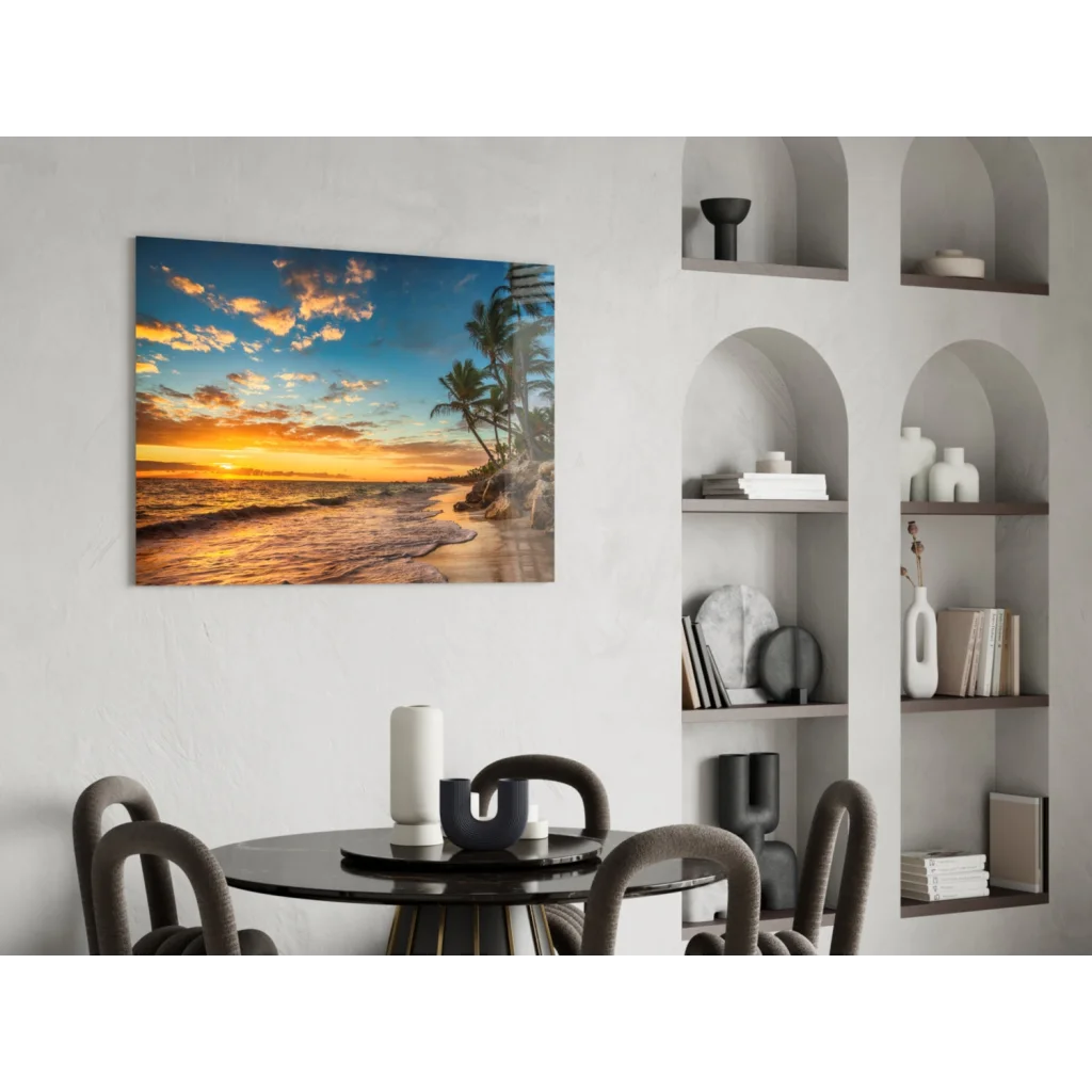 Tropical beach sunset glass wall art canvas print with golden hues and palms