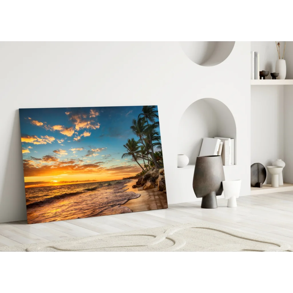 Tropical beach sunset glass wall art canvas print with palms