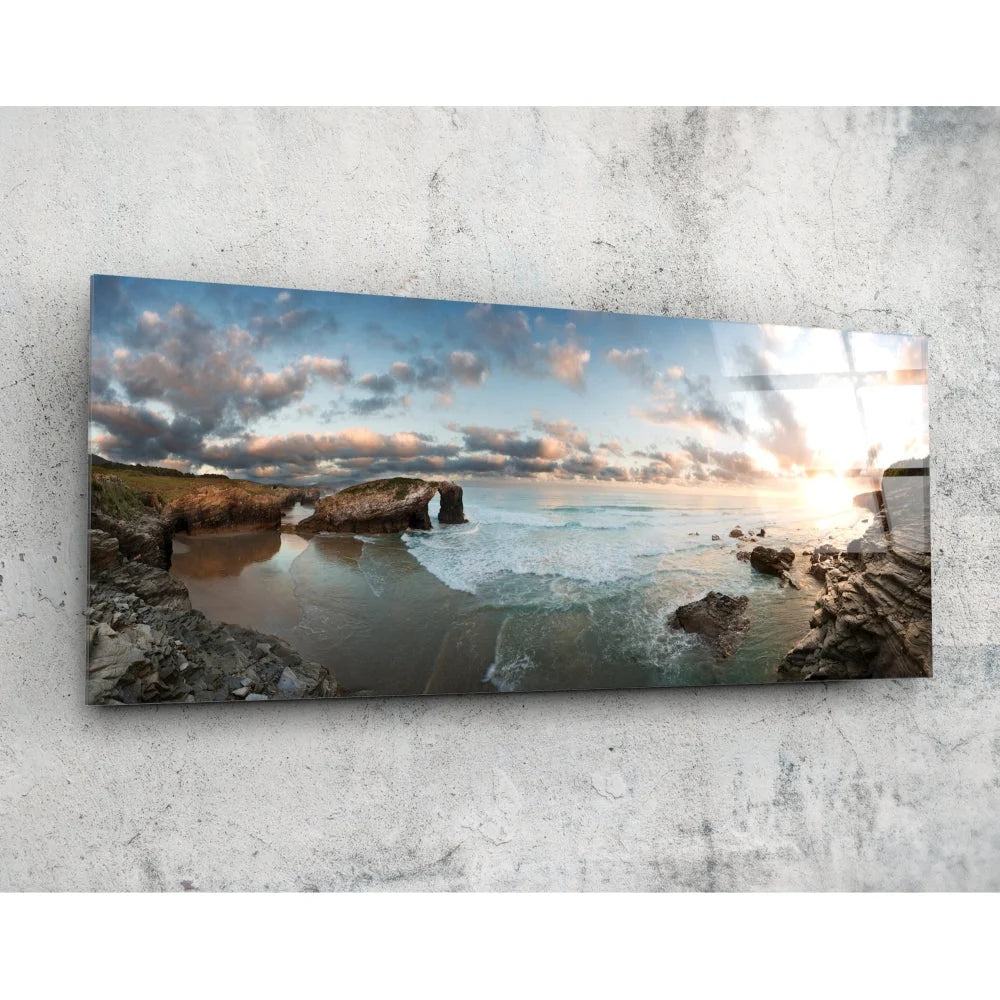 Stunning beach glass art of coastal waves on tempered glass