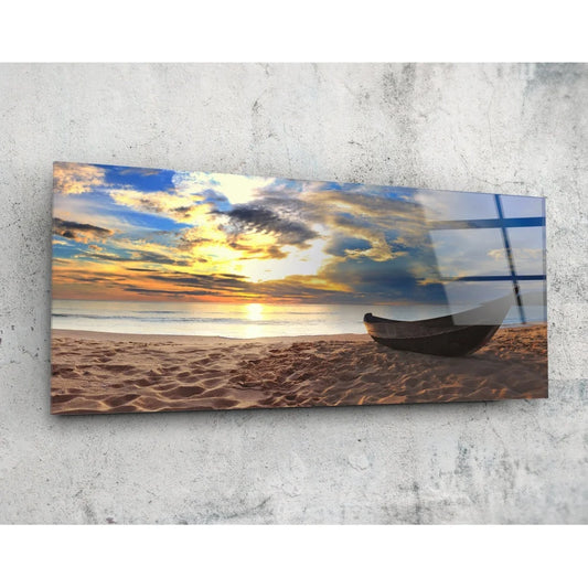 Stunning sunset beach on tempered glass art panel