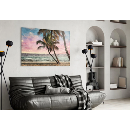 Tropical Paradise Palm Trees Glass Wall Art Sunset Beach Print | Contemporary Home Wall Art | vintageantiquesgifts.com