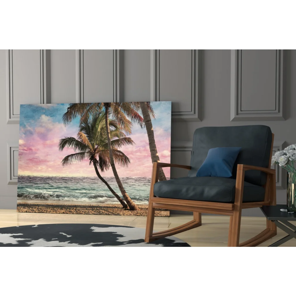Vibrant tropical paradise glass wall art with leaning palm trees over sunset beach