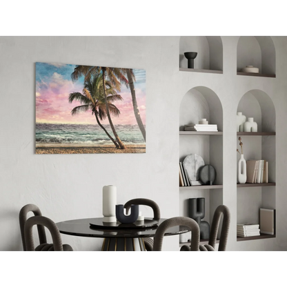 Tropical paradise glass wall art with palm trees on sunset beach