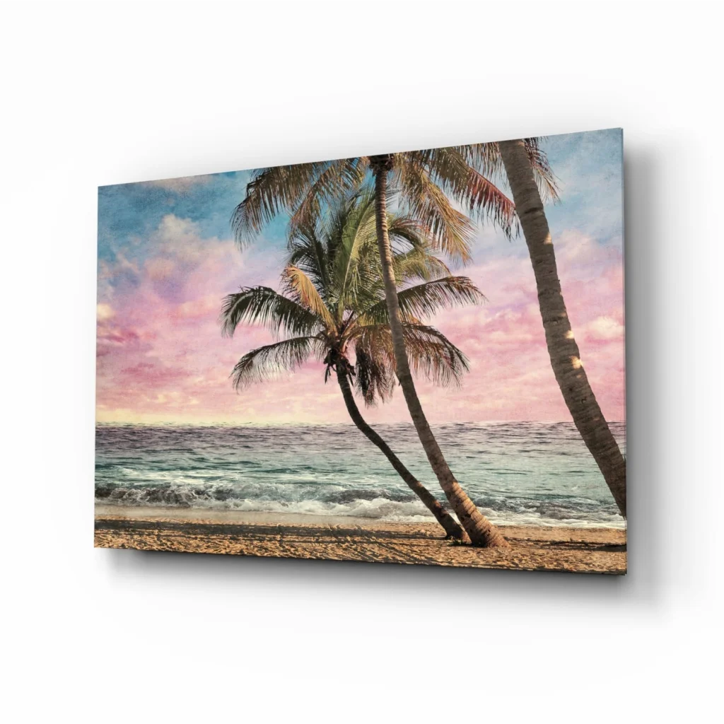 Tropical Paradise Palm Trees Glass Wall Art Sunset Beach Print | Insigneart USA | vintageantiquesgifts.com