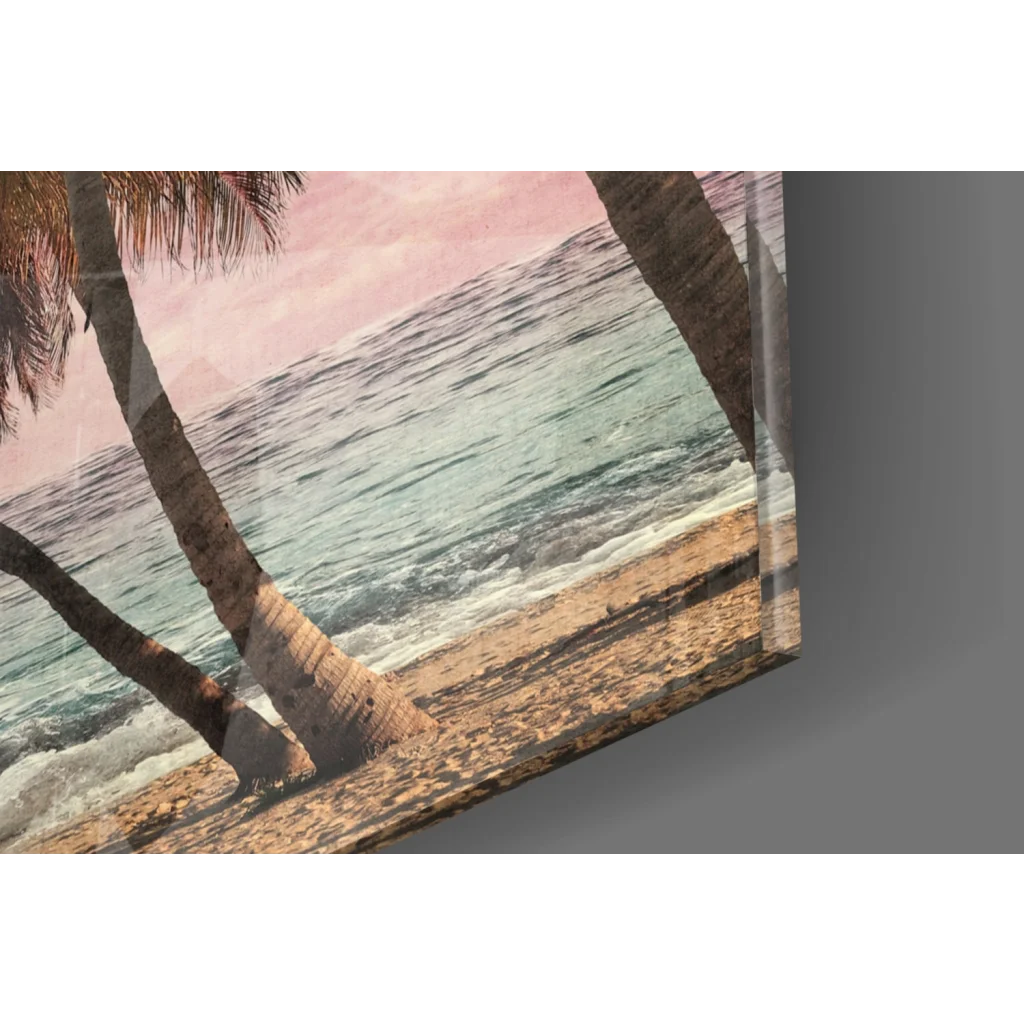 Beige teal Tropical Paradise glass wall art with palm trees beach scene