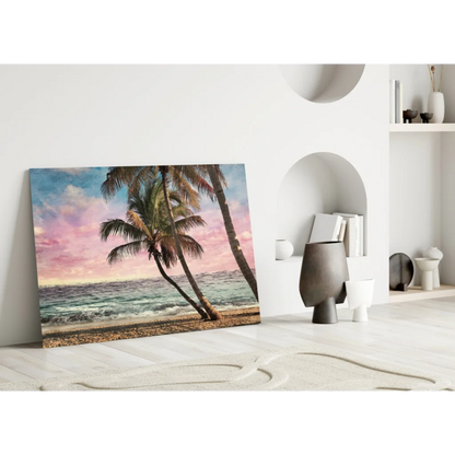 Tropical Paradise Palm Trees Glass Wall Art Sunset Beach Print | Modern Wall Art Decor | vintageantiquesgifts.com