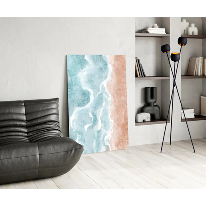 Modern turquoise peach ocean waves glass wall art canvas print on white wall