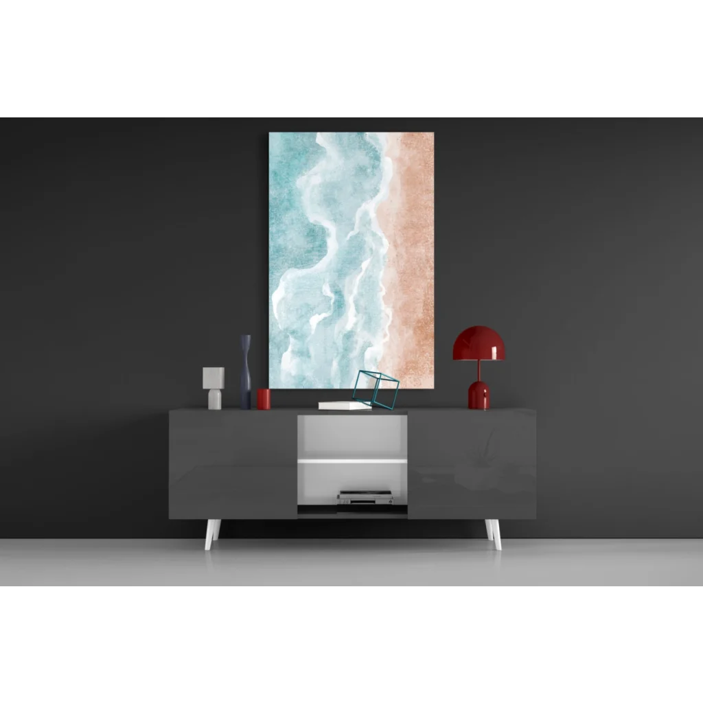 Abstract turquoise peach ocean waves glass wall art canvas print