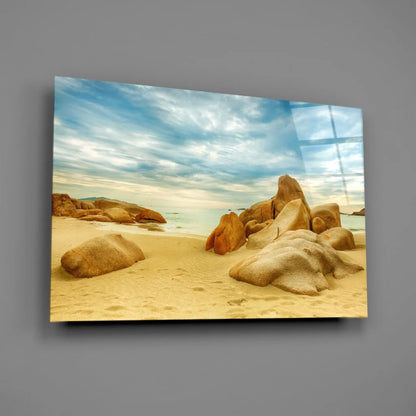 Beige tan beach rock glass wall art on glossy acrylic panel
