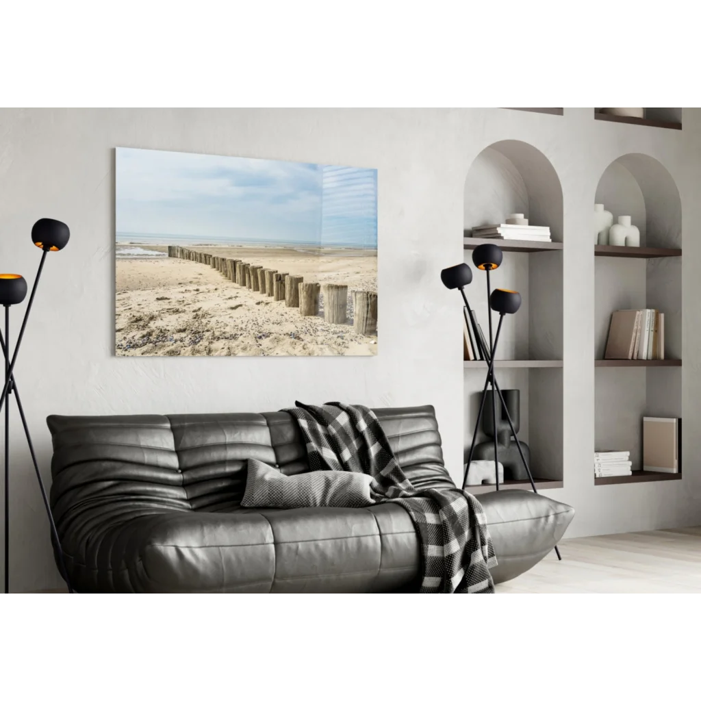 Coastal wooden posts beach glass wall art print on sandy shore with groynes
