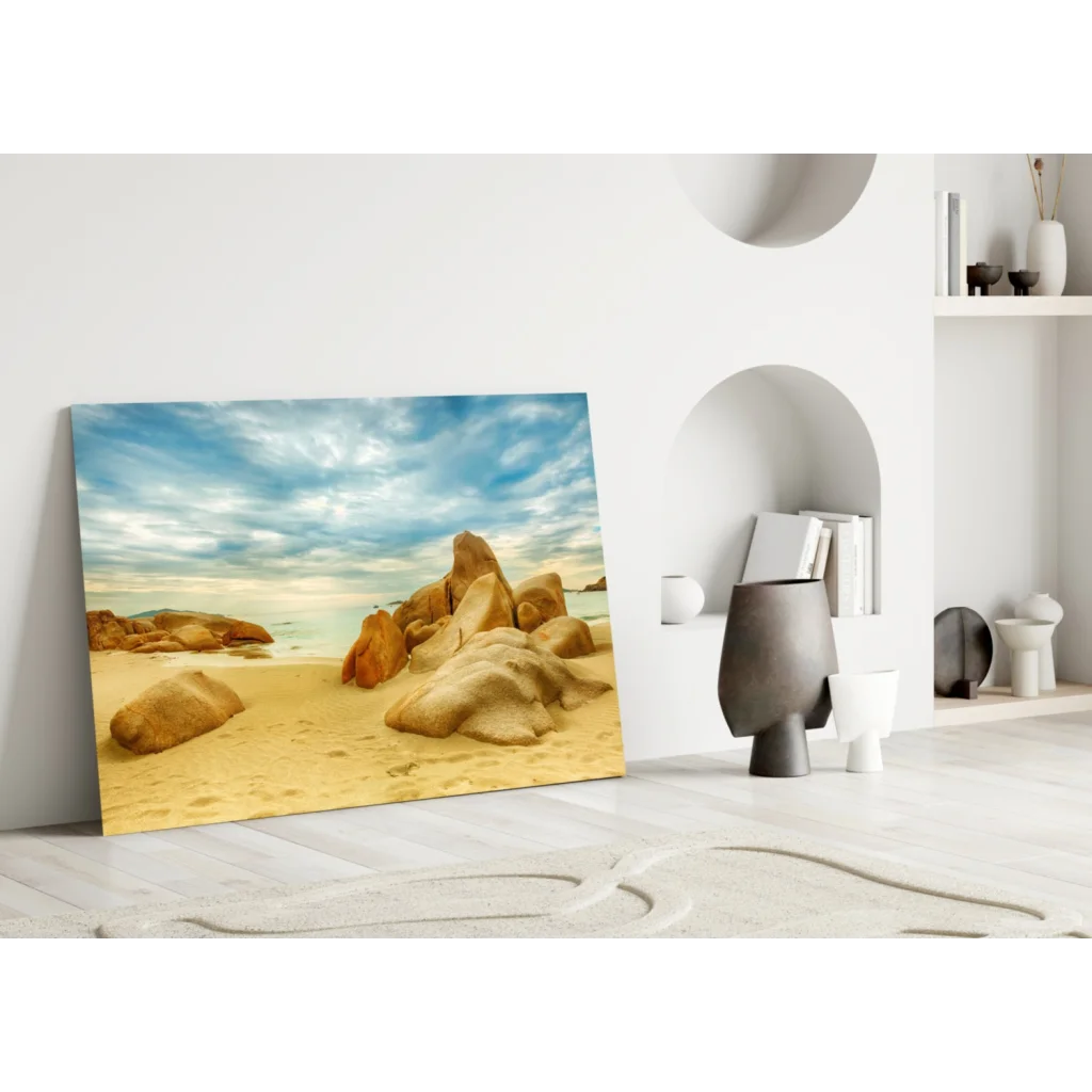 Stunning beige tan rocky beach glass wall art leaning on white wall