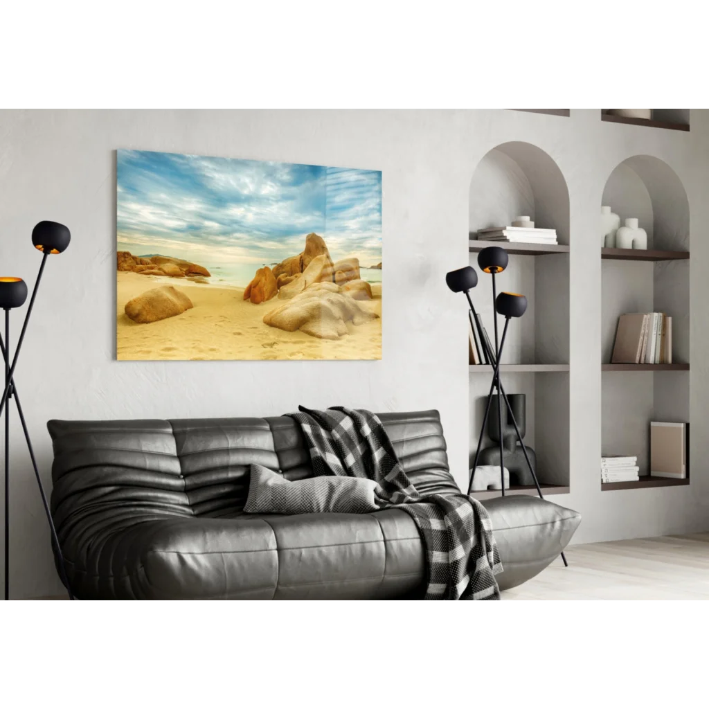 Beige tan rocky beach glass wall art canvas print on white wall