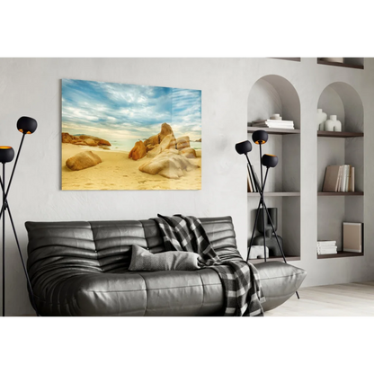 Beige tan rocky beach glass wall art canvas print on white wall