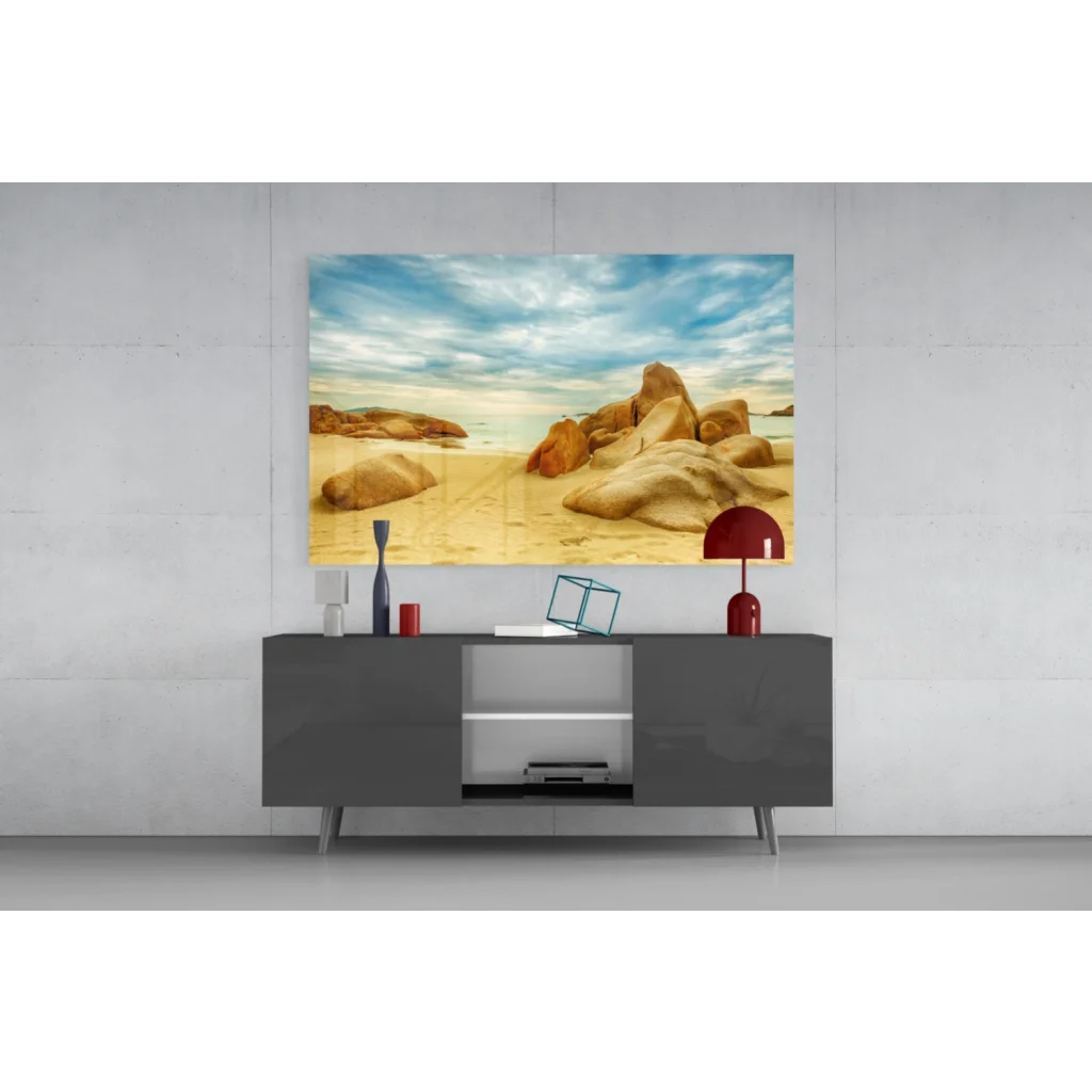 Vibrant beach glass wall art with golden sand, rocks, and blue sky