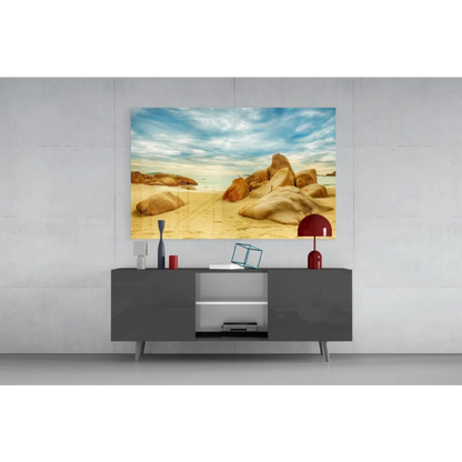 Vibrant beach glass wall art with golden sand, rocks, and blue sky