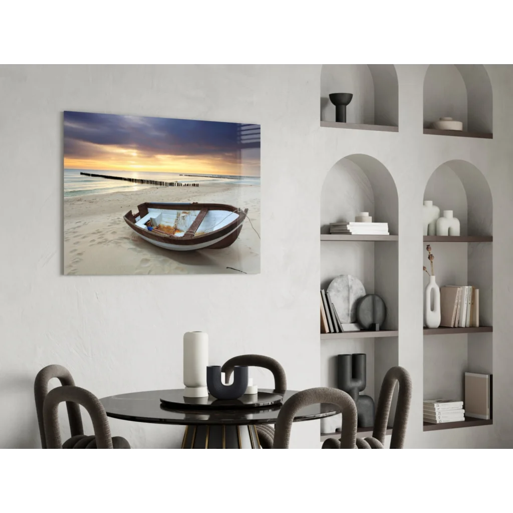 Sunset rowboat on beach glass wall art canvas print