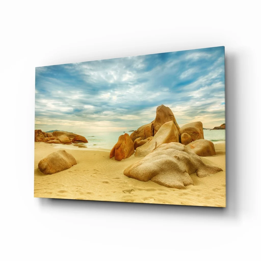Stunning beige and tan beach rock glass wall art canvas print