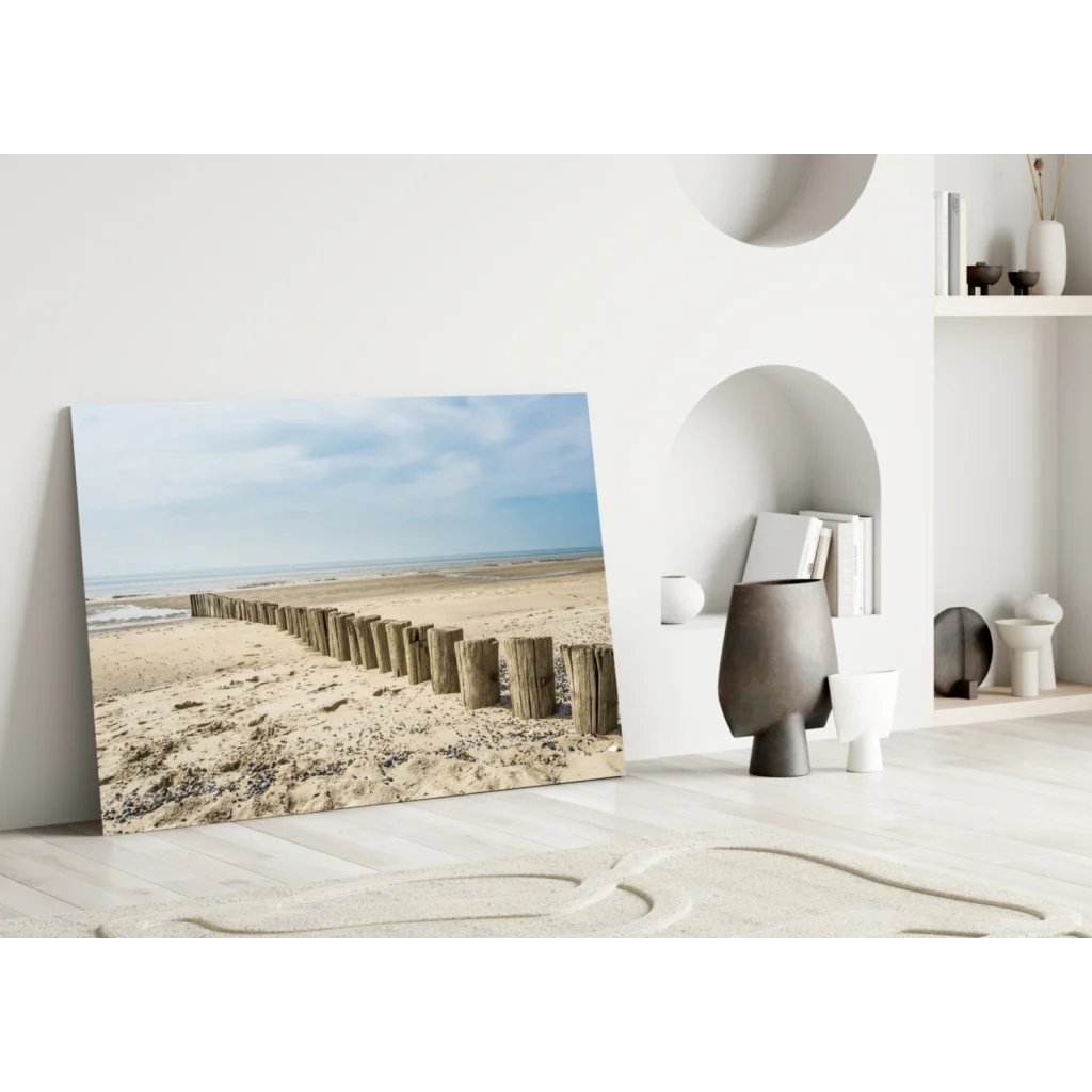 Coastal wooden posts beach glass wall art on beige gray canvas against white wall