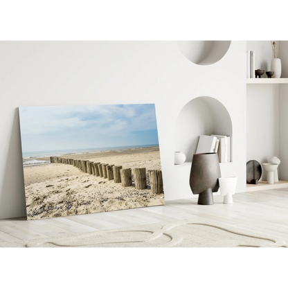Coastal wooden posts beach glass wall art on beige gray canvas against white wall